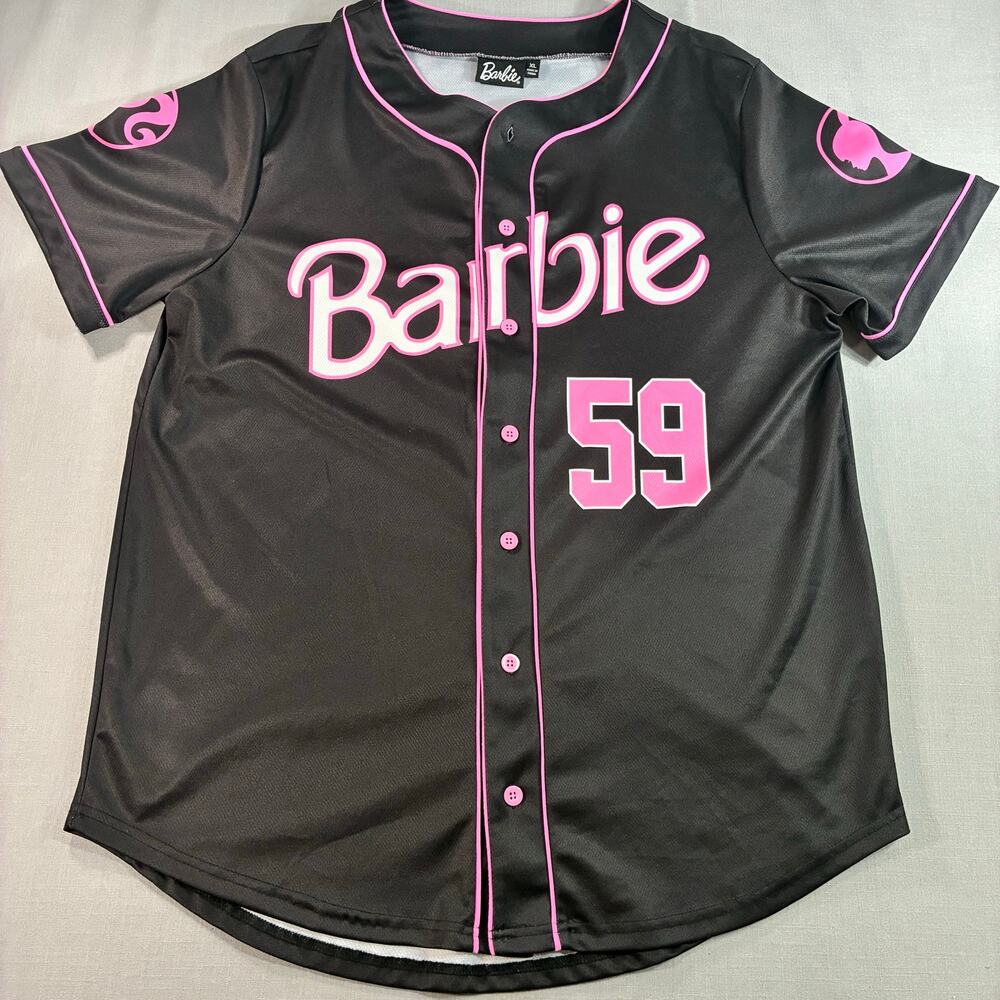 Barbie Malibu 59 Baseball Jersey Men’s XL Black Pink Button Front Shirt